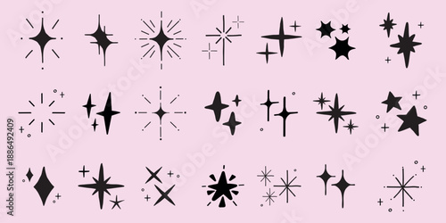 A collection of black star and sparkle icons on a pink background. Various star shapes and sparkles are arranged in rows, creating a decorative pattern. Element vector set.
