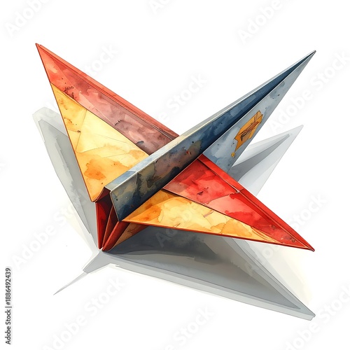 Abstract origami sculpture red, yellow, blue. Shadows play on white background in a watercolor style illustration