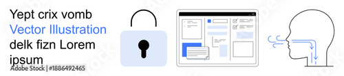 Cybersecurity, online privacy, access control, data integrity, digital communication, encryption. Lock icon, browser layout human profile with airflow. Cybersecurity and online privacy concept