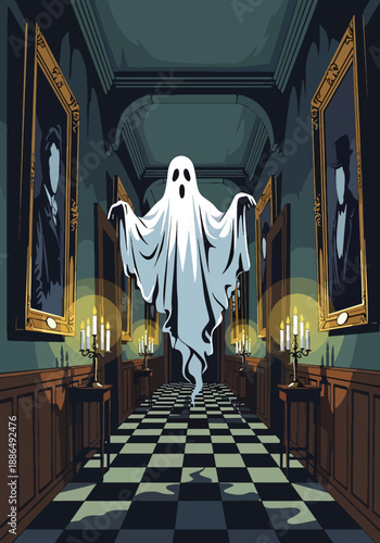 Vector illustration of a floating ghost in a long mansion hallway, blending playful and spooky horror elements in clean flat vector illustration style