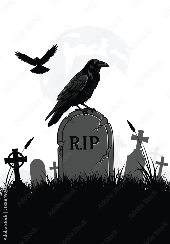 Fototapeta premium Vector illustration of a raven perched on a tombstone under the moon, creating gothic horror atmosphere in elegant flat vector illustration style