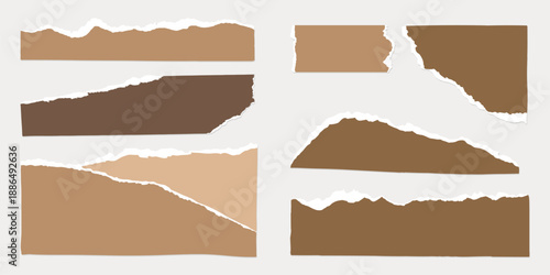Set of torn paper strips in various shades of brown. Torn edges create a textured look. Brown paper strips are versatile for design projects. Brown element vector set.
