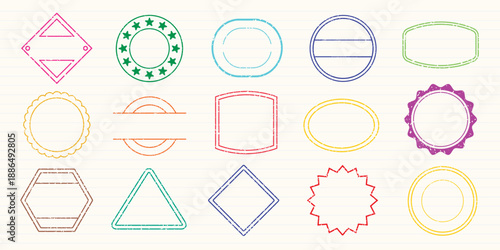 Colorful stamp designs in various shapes: circles, squares, triangles. Stamps in red, blue, green, and yellow. Perfect for creative projects and designs. Colorful stamps, element vector set