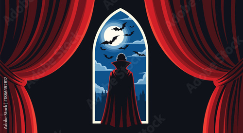 Vector illustration of a vampire silhouette behind castle windows under moonlight, creating a gothic romantic horror mood in clean flat vector style