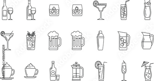 Vector Set of Drink and Beverage Line Icons for Bar Menu, Alcohol Cocktails, Beer, Wine, Coffee, and Summer Party Projects.