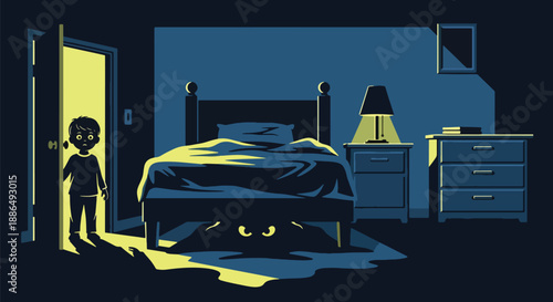 Vector illustration of glowing eyes under a bed in a child’s room, creating suspenseful yet playful horror in microstock-safe flat vector style