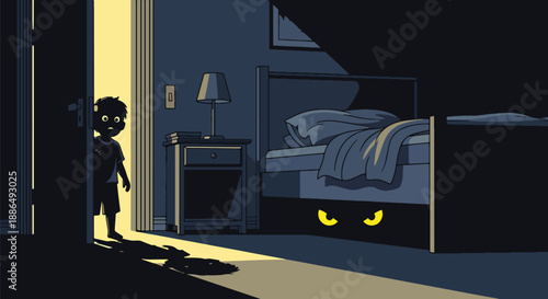 Vector illustration of glowing eyes under a bed in a child’s room, creating suspenseful yet playful horror in microstock-safe flat vector style