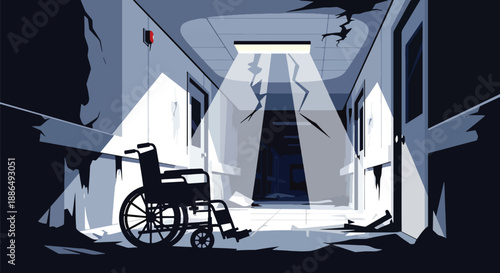 Vector illustration of an abandoned hospital corridor with eerie lighting, creating atmospheric horror suitable for thriller and mystery themes in flat vector style