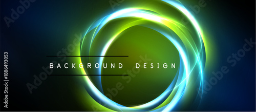 Abstract neon circles overlap dark background. Bright green, blue hues create dynamic visual effect. Text reads background design.
