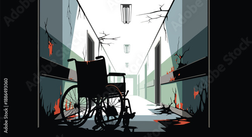 Vector illustration of an abandoned hospital corridor with eerie lighting, creating atmospheric horror suitable for thriller and mystery themes in flat vector style