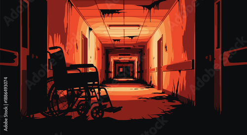 Vector illustration of an abandoned hospital corridor with eerie lighting, creating atmospheric horror suitable for thriller and mystery themes in flat vector style