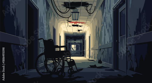 Vector illustration of an abandoned hospital corridor with eerie lighting, creating atmospheric horror suitable for thriller and mystery themes in flat vector style