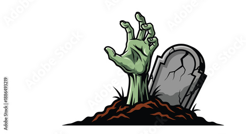 Vector illustration of a zombie hand reaching from the ground in a graveyard, delivering classic horror without gore in flat vector style