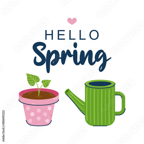 Plant in flowerpot and watering can. Seasonal card with inscription Hello Spring. Vector illustration on white background.