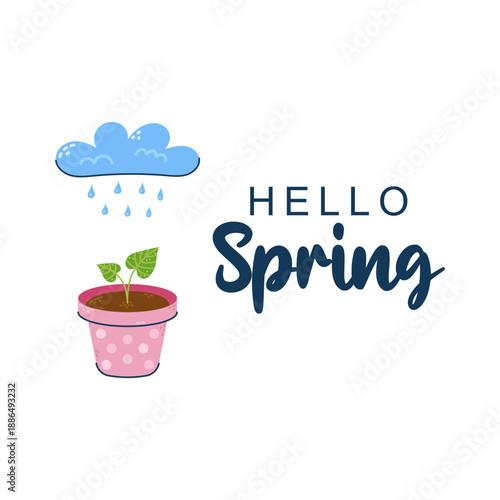 Rain cloud waters plant in flowerpot. Seasonal greeting card with inscription Hello Spring. Vector illustration on a white background.