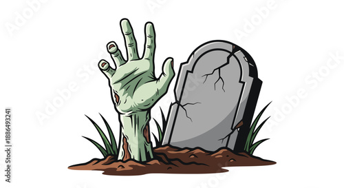Vector illustration of a zombie hand reaching from the ground in a graveyard, delivering classic horror without gore in flat vector style