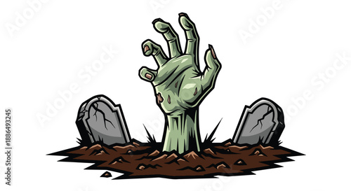 Vector illustration of a zombie hand reaching from the ground in a graveyard, delivering classic horror without gore in flat vector style