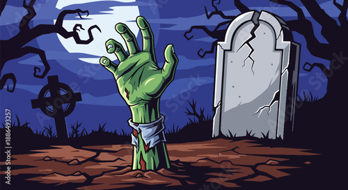 Vector illustration of a zombie hand reaching from the ground in a graveyard, delivering classic horror without gore in flat vector style