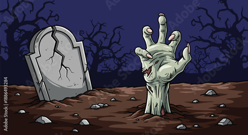 Vector illustration of a zombie hand reaching from the ground in a graveyard, delivering classic horror without gore in flat vector style