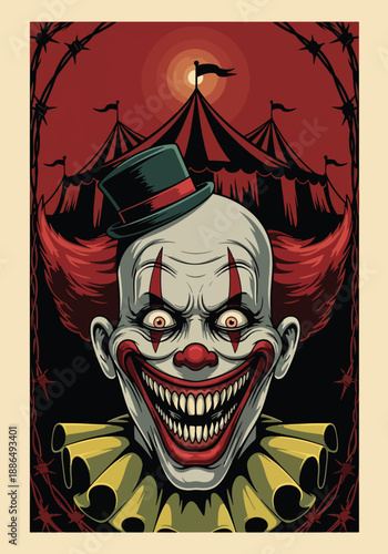 Vector illustration of a creepy clown portrait with circus background, creating unsettling carnival horror in clean flat vector illustration style
