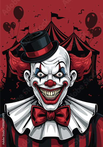 Vector illustration of a creepy clown portrait with circus background, creating unsettling carnival horror in clean flat vector illustration style