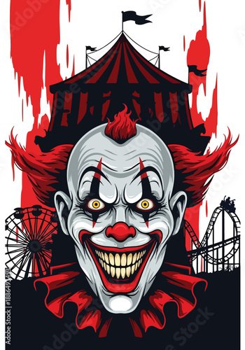 Vector illustration of a creepy clown portrait with circus background, creating unsettling carnival horror in clean flat vector illustration style