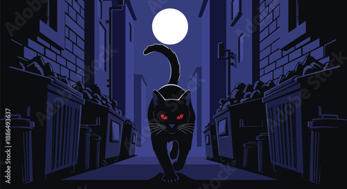 Vector illustration of a black cat crossing a dark alley under moonlight, creating suspenseful urban horror in flat vector illustration style