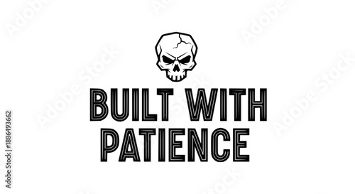 Skull silhouette logo with built with patience text on white background symbol curve outline graphic illustration