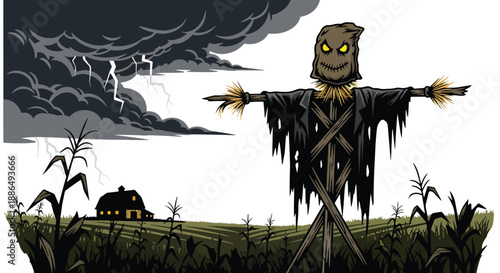 Vector illustration of a creepy scarecrow in a dead cornfield under stormy skies, delivering rural horror atmosphere in flat vector style