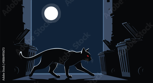 Vector illustration of a black cat crossing a dark alley under moonlight, creating suspenseful urban horror in flat vector illustration style