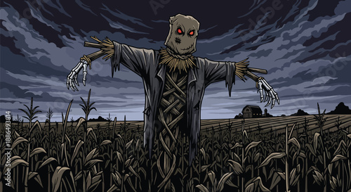 Vector illustration of a creepy scarecrow in a dead cornfield under stormy skies, delivering rural horror atmosphere in flat vector style