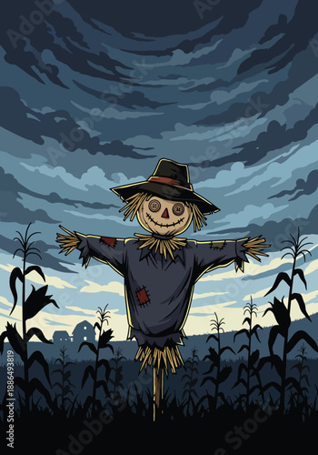 Vector illustration of a creepy scarecrow in a dead cornfield under stormy skies, delivering rural horror atmosphere in flat vector style