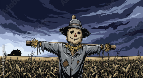 Vector illustration of a creepy scarecrow in a dead cornfield under stormy skies, delivering rural horror atmosphere in flat vector style