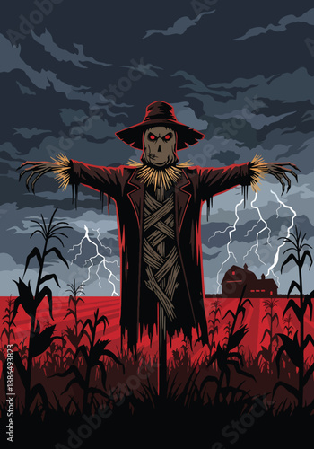 Vector illustration of a creepy scarecrow in a dead cornfield under stormy skies, delivering rural horror atmosphere in flat vector style