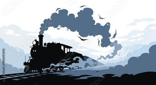 Vector illustration of a haunted train on foggy tracks at night, capturing vintage mystery horror in flat vector illustration style