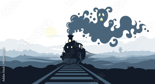 Vector illustration of a haunted train on foggy tracks at night, capturing vintage mystery horror in flat vector illustration style