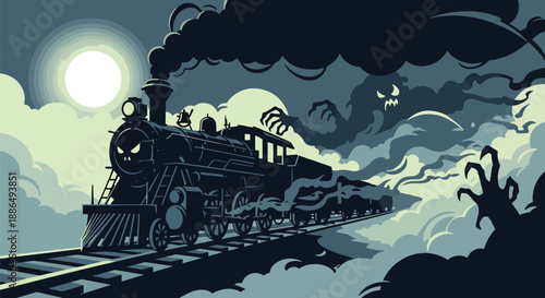 Vector illustration of a haunted train on foggy tracks at night, capturing vintage mystery horror in flat vector illustration style