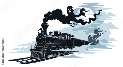 Vector illustration of a haunted train on foggy tracks at night, capturing vintage mystery horror in flat vector illustration style