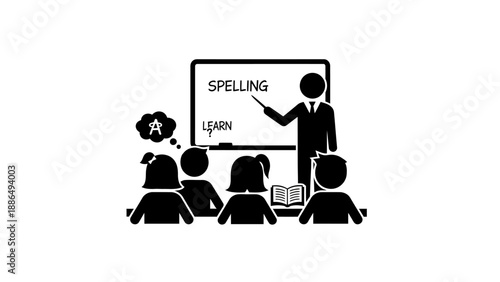 Teacher instructing students on spelling and learning.