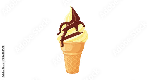 A delicious vanilla soft-serve ice cream cone drizzled with rich chocolate sauce.