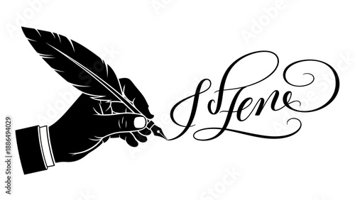 Hand writing with a quill pen on white background.