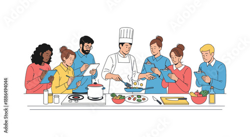 A professional chef in a white uniform teaches a diverse group of students in a cooking class illustration.