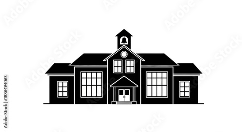 Classic School Building Silhouette with Bell Tower.