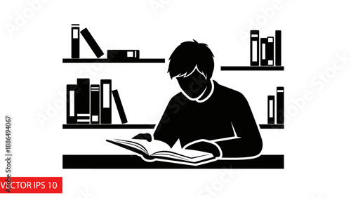 Silhouette of a person reading a book in front of bookshelves.