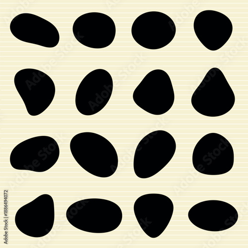 Abstract pattern with black oval shapes. Repeated oval shapes create a modern, abstract design. Perfect for abstract art enthusiasts and pattern lovers. Black shape vector set.