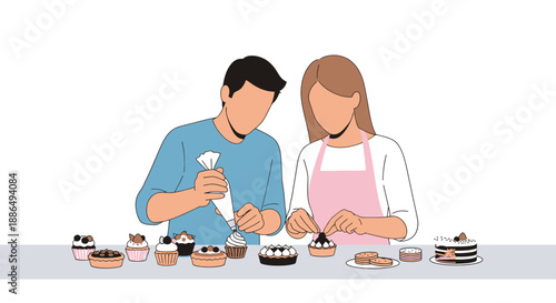 Couple Decorating Delicious Cakes and Cupcakes with Frosting and Toppings.