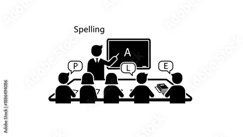 Teacher instructing students on spelling at a blackboard.