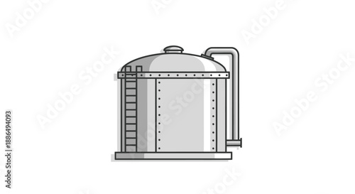 Industrial Metal Storage Tank with Ladder and Pipes.