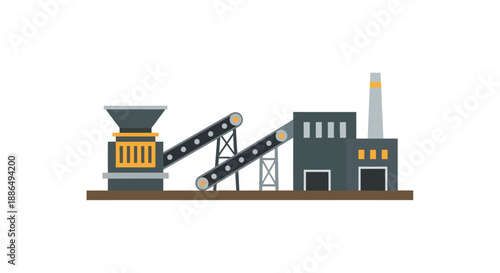 Industrial Factory with Conveyor Belts and Smokestack Illustration.