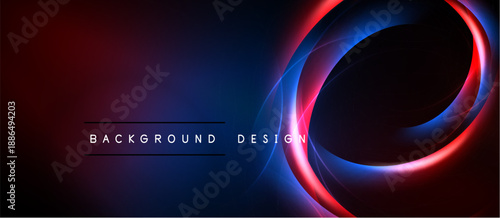 Abstract design features vibrant red, blue gradients. Circular light streaks create dynamic visual effect. Dark background emphasizes luminosity.